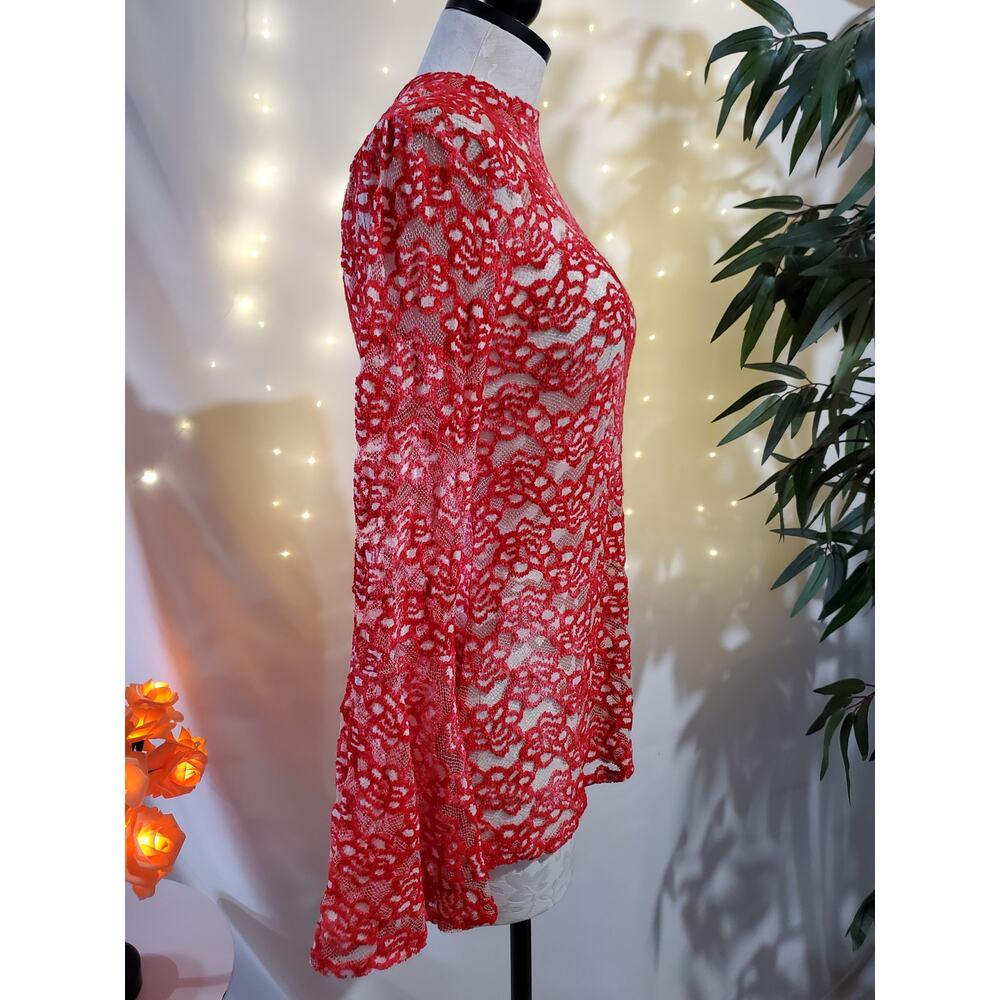 Umgee Retro Vintage Sheer Floral Lace Bell Sleeve Top Womens Size S Keyhole Neck - Picture 6 of 11